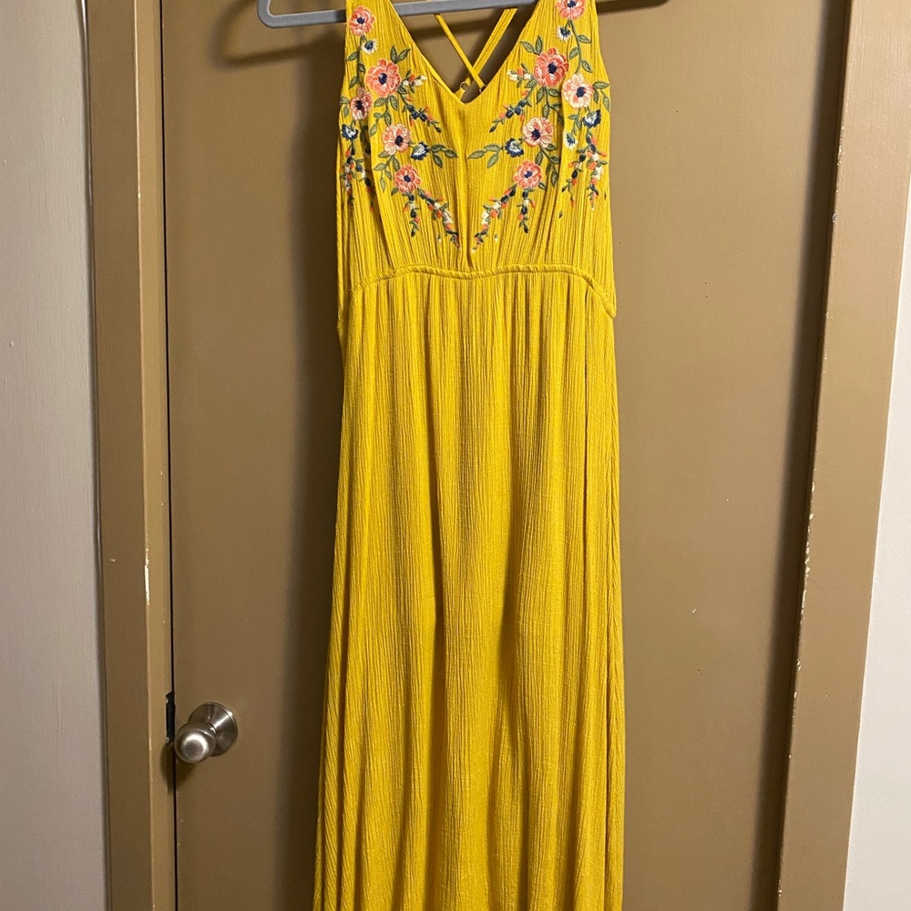 Yellow embroidered tank dress